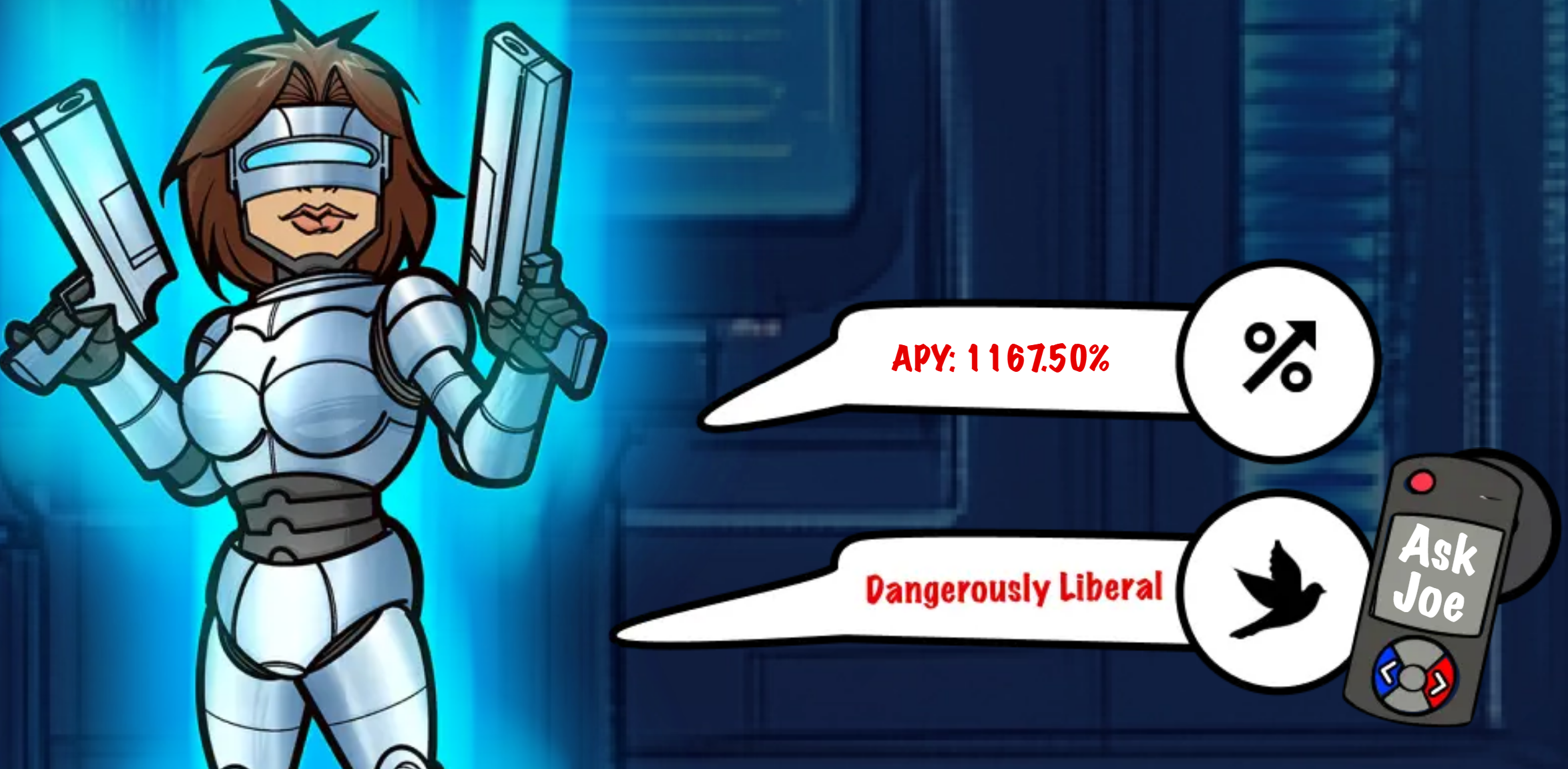 An image of Kamacop holding two guns with APY statement on her left