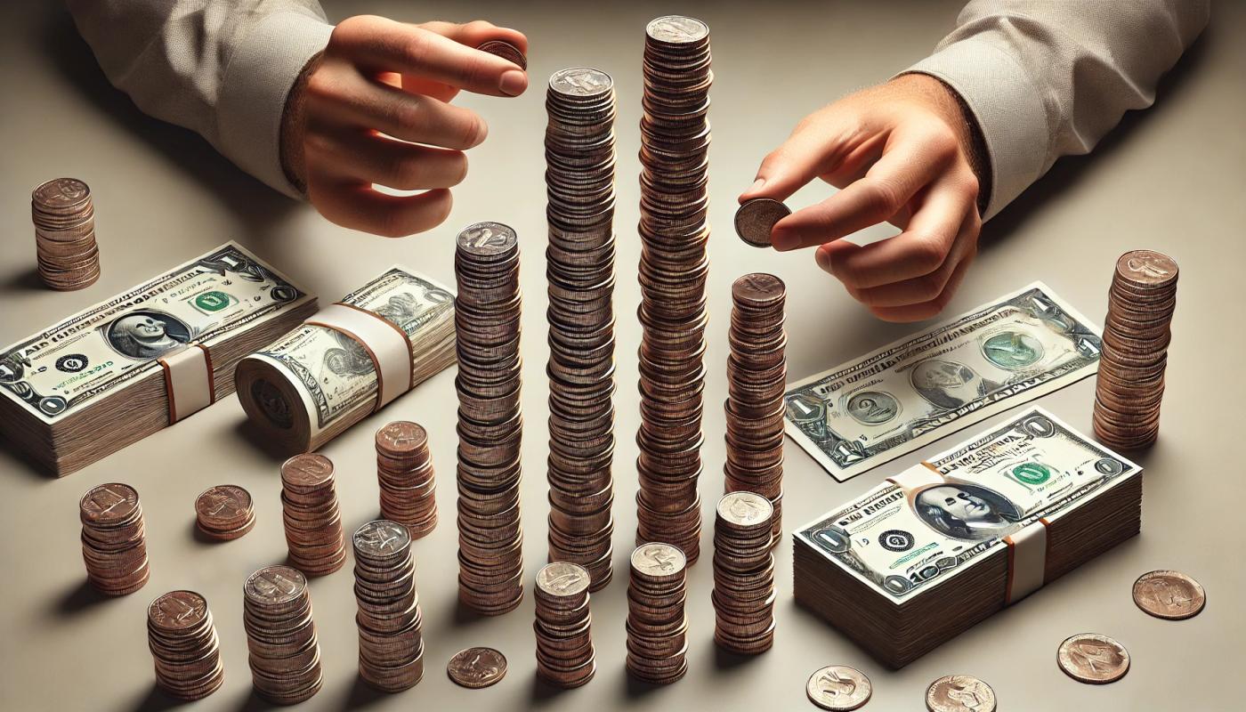 A tall stack of coins balanced one on top of the other, with two hands counting a large stack of crisp, new dollar bills next to the coins.