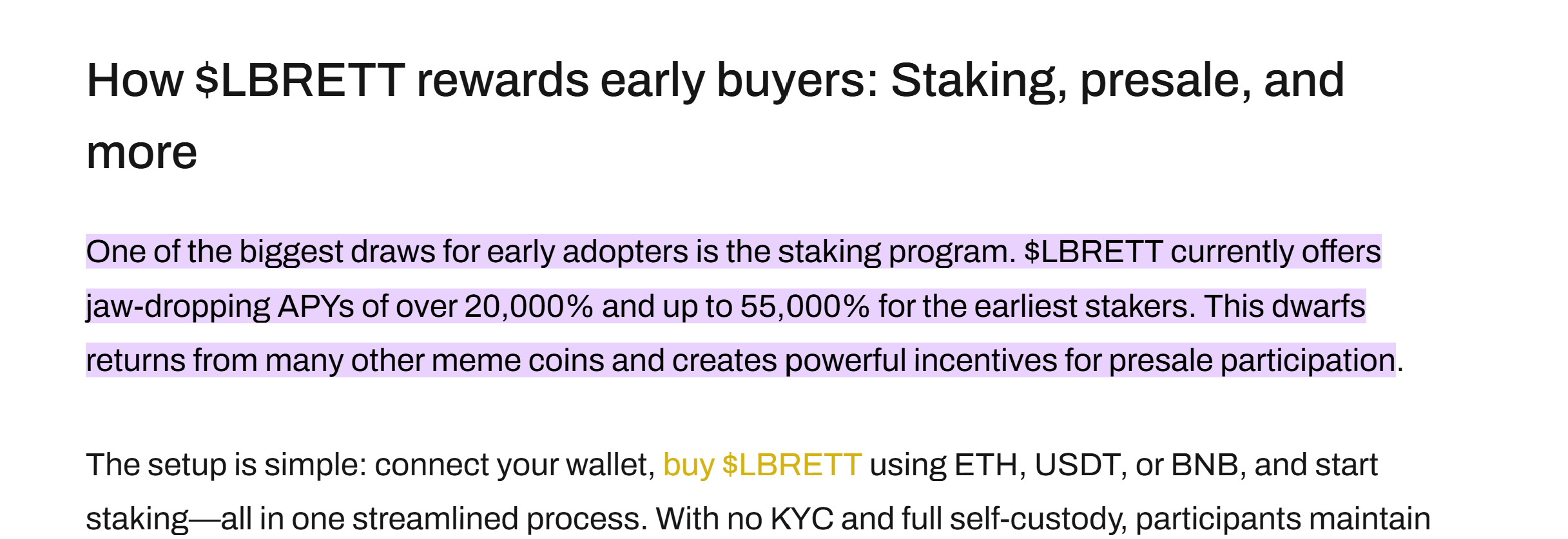 Screenshot of a sponsored article on the Layer Brett crypto presale showing bold text about how LBRETT rewards early buyers with staking and presale benefits.