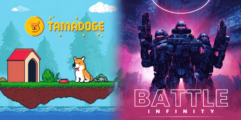 A split image featuring two crypto presale projects. The left side shows Tamadoge with pixel-art graphics, a Shiba Inu dog, a gold coin logo, and the "TAMADOGE" title. The right side shows Battle Infinity with three futuristic armored soldiers against a neon sci-fi background and the "BATTLE INFINITY" logo.