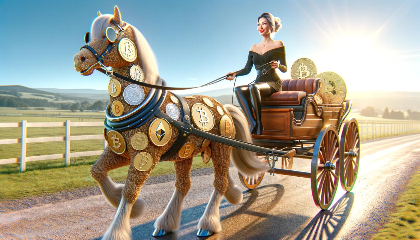 A woman riding a carriage on an asphalt road, holding the reins connected to a horse covered in Bitcoin logo coins. Green grass surrounds the scene