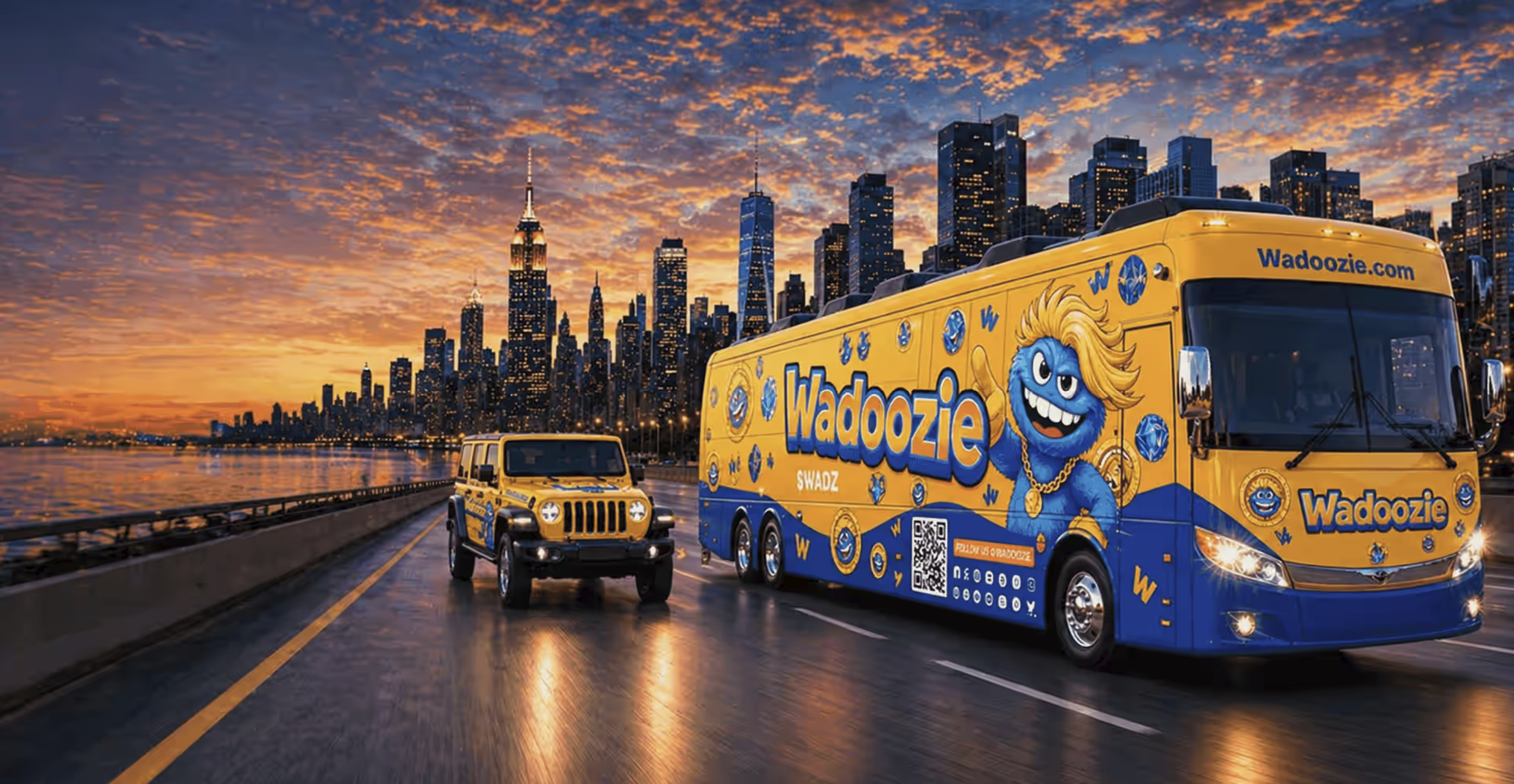 Wadoozie $WADZ tour bus and branded Jeep driving through a city skyline at sunset, promoting the Ethereum memecoin project, hidden crypto rewards, and nationwide community activations