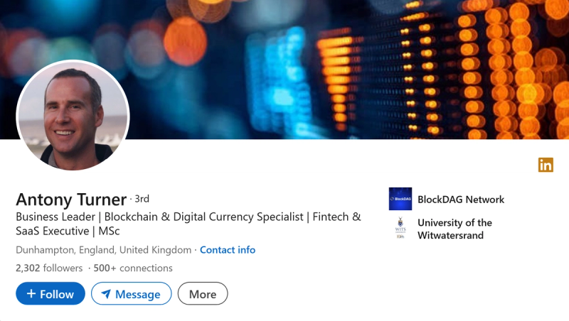 LinkedIn profile page of BlockDAG Network CEO Antony Turner