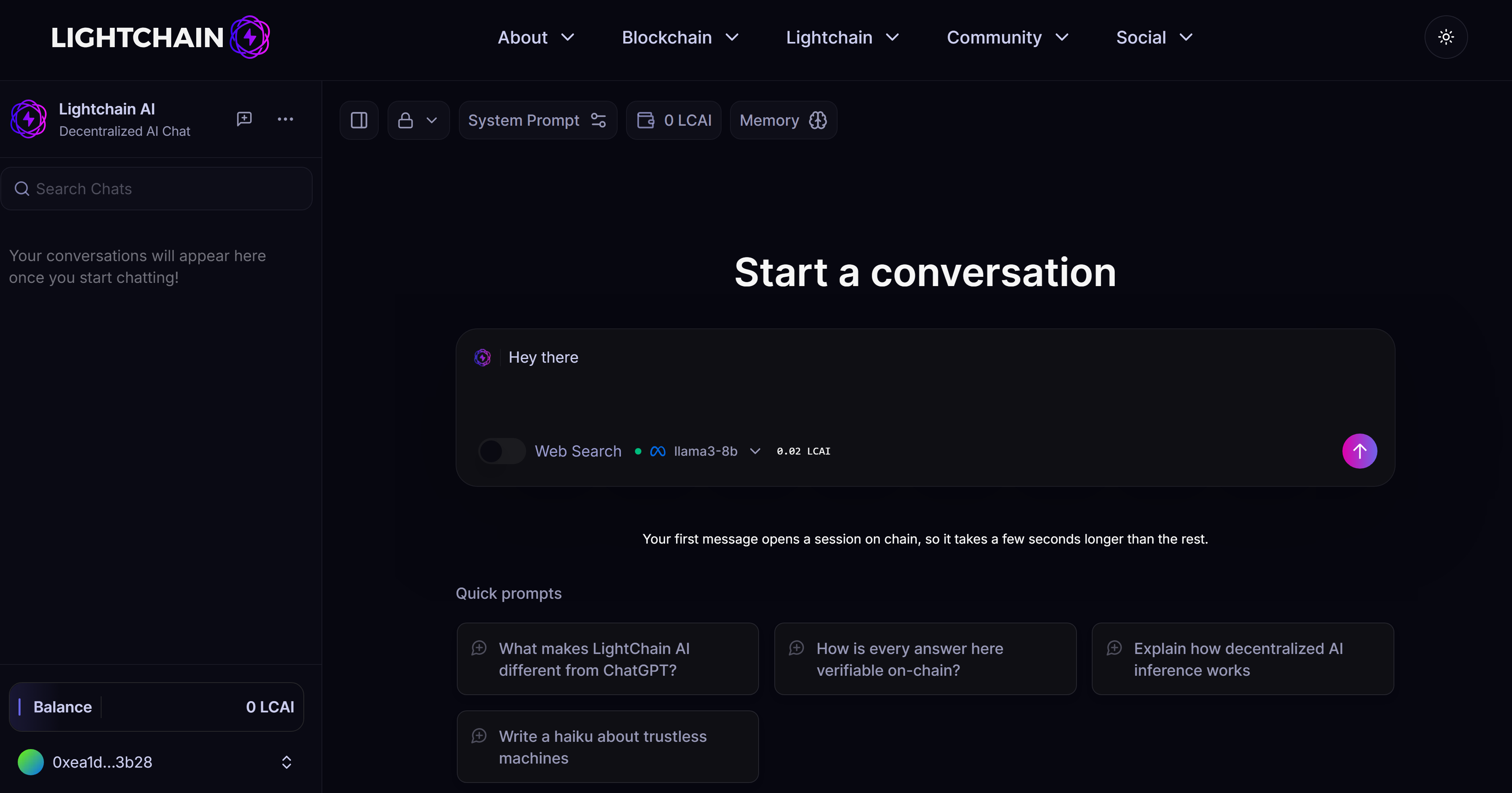 Dark Lightchain AI chat interface with a message box, Llama 3 model selector, and a zero LCAI balance.