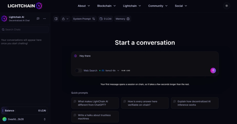 Dark Lightchain AI chat interface with a message box, Llama 3 model selector, and a zero LCAI balance.