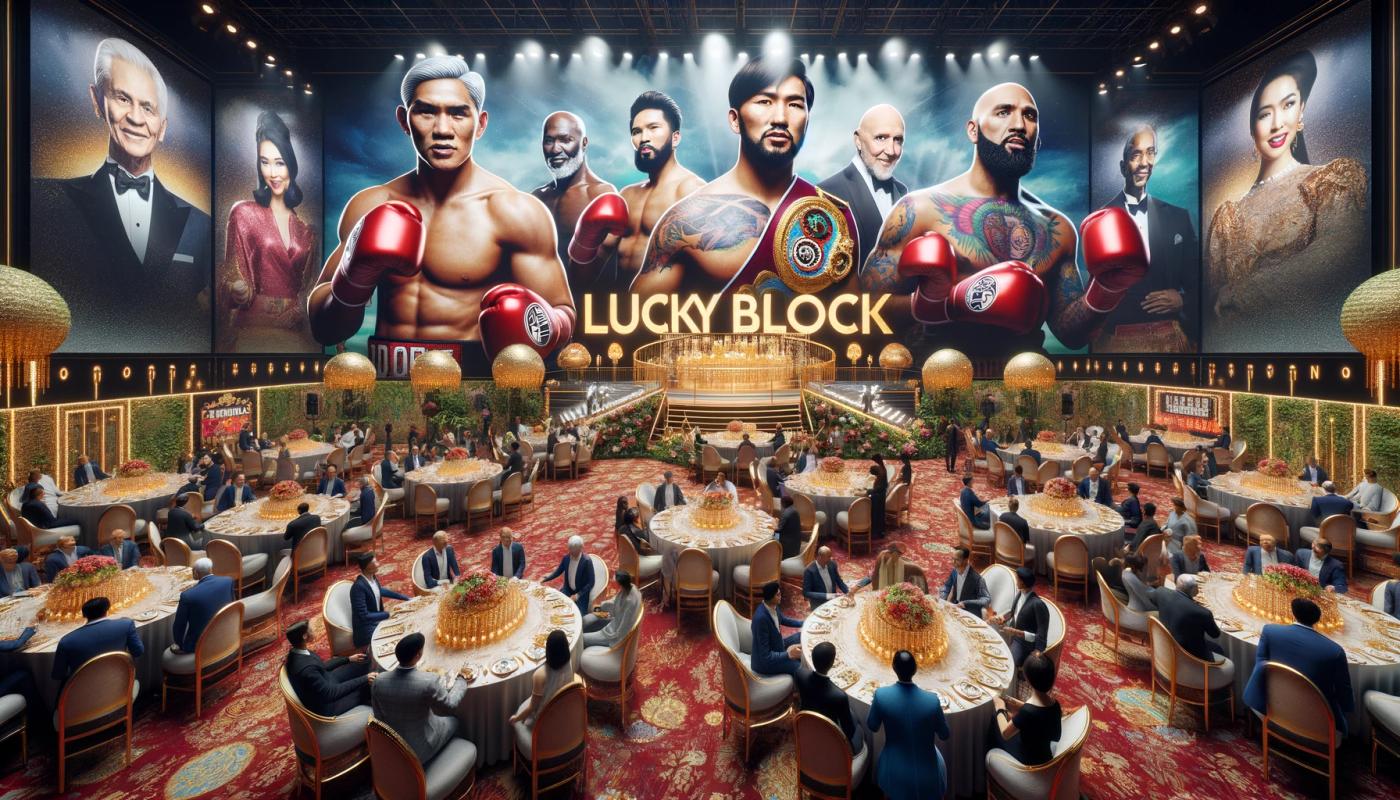People sitting at round tables in a party hall with big screens displaying different boxers wearing boxing gloves. The text 'Lucky Block' is shown below the screens