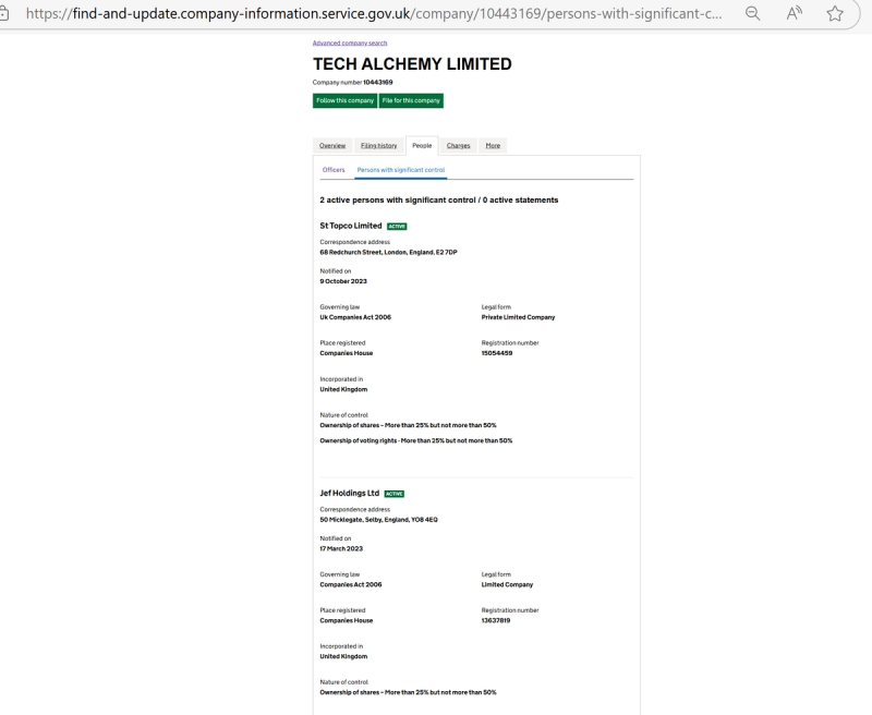 A screenshot from the UK Companies House page showing St Topco Limited and Jef Holdings Ltd as partial owners of Tech Alchemy.