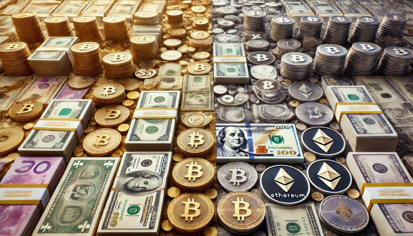 Real money on one side and cryptocurrency representations on the other side. The real money side features various denominations of banknotes and coins in neat stacks and piles. The cryptocurrency side includes symbols for Bitcoin, Ethereum, and other popular cryptocurrencies displayed as digital coins and symbols.