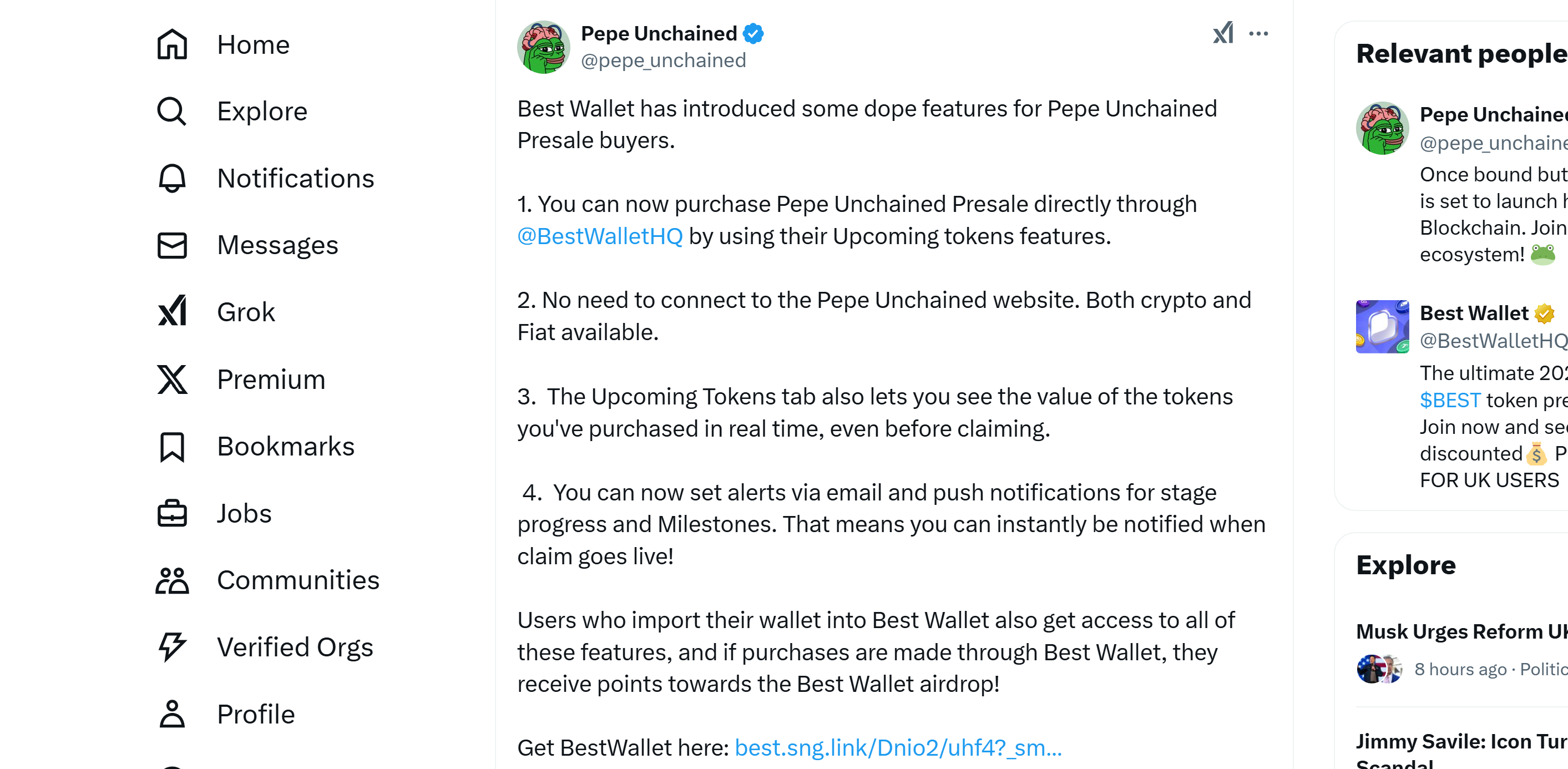 Screenshot showing an official Pepe Unchained profile directing users to the Best Wallet download page through an affiliate link