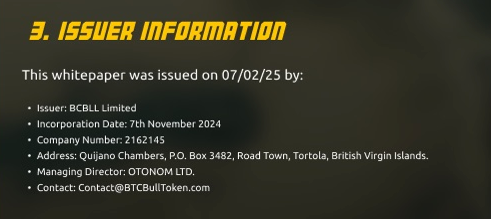 Issuer Information section from the BTC Bull whitepaper. Black background with gold text displaying details such as the issuer company name, incorporation date, company number, address, managing director, and contact email