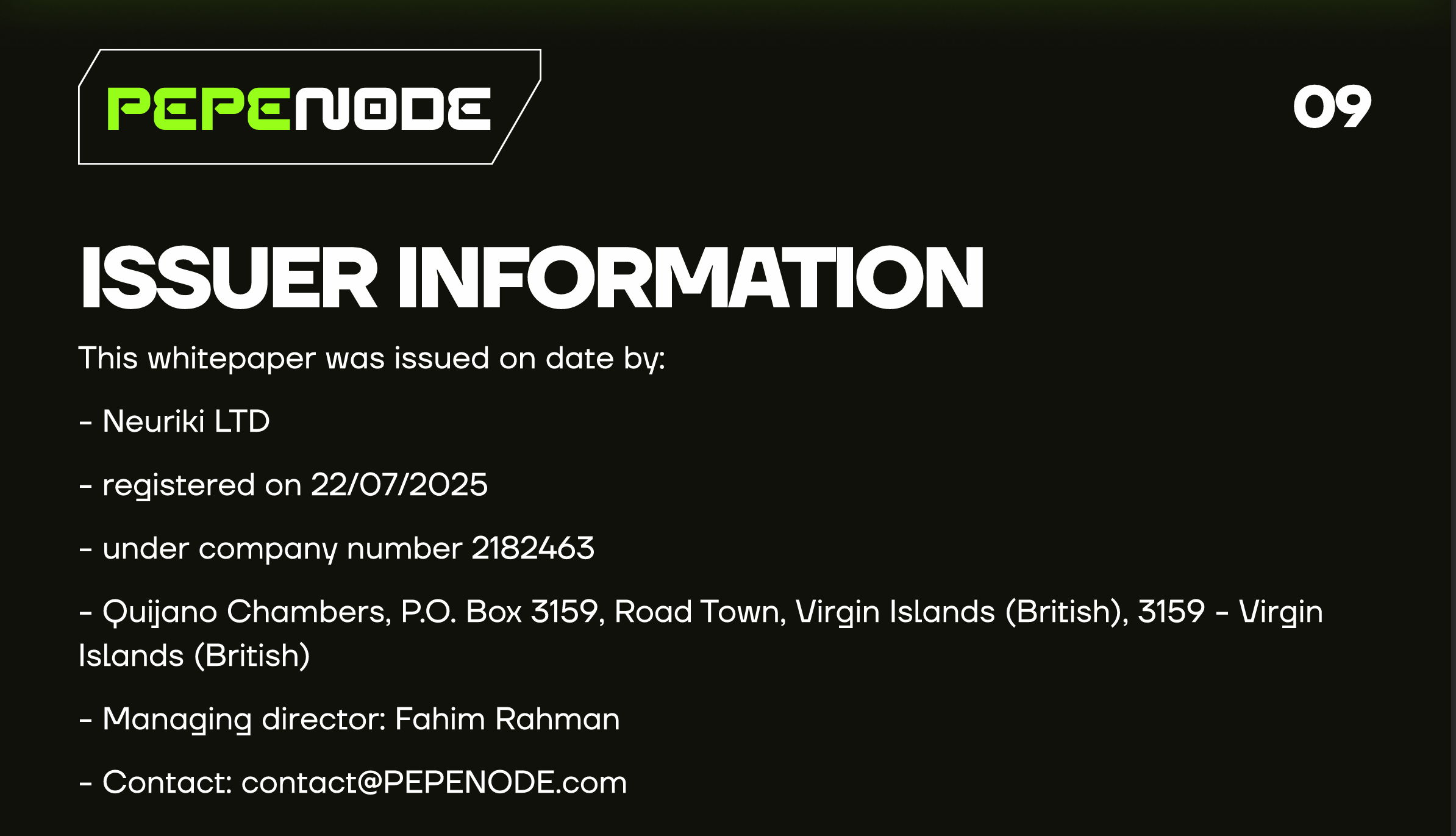ssuer details displayed in the PEPENODE whitepaper, including the company name, registration date, registered address, managing director, and a contact email address.