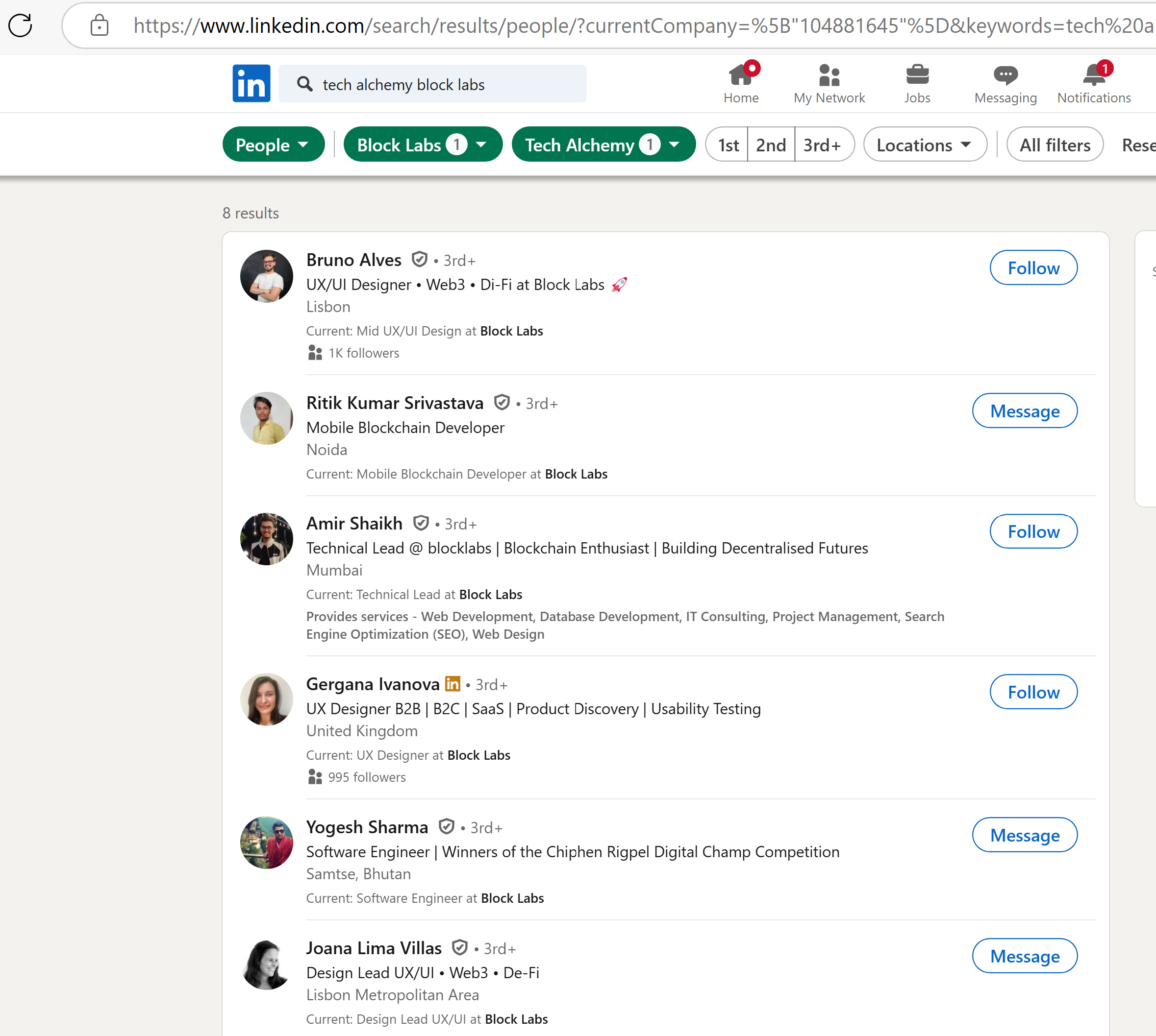 A screenshot of a LinkedIn search query displaying profiles of individuals who previously worked at Tech Alchemy and now work at Block Lab