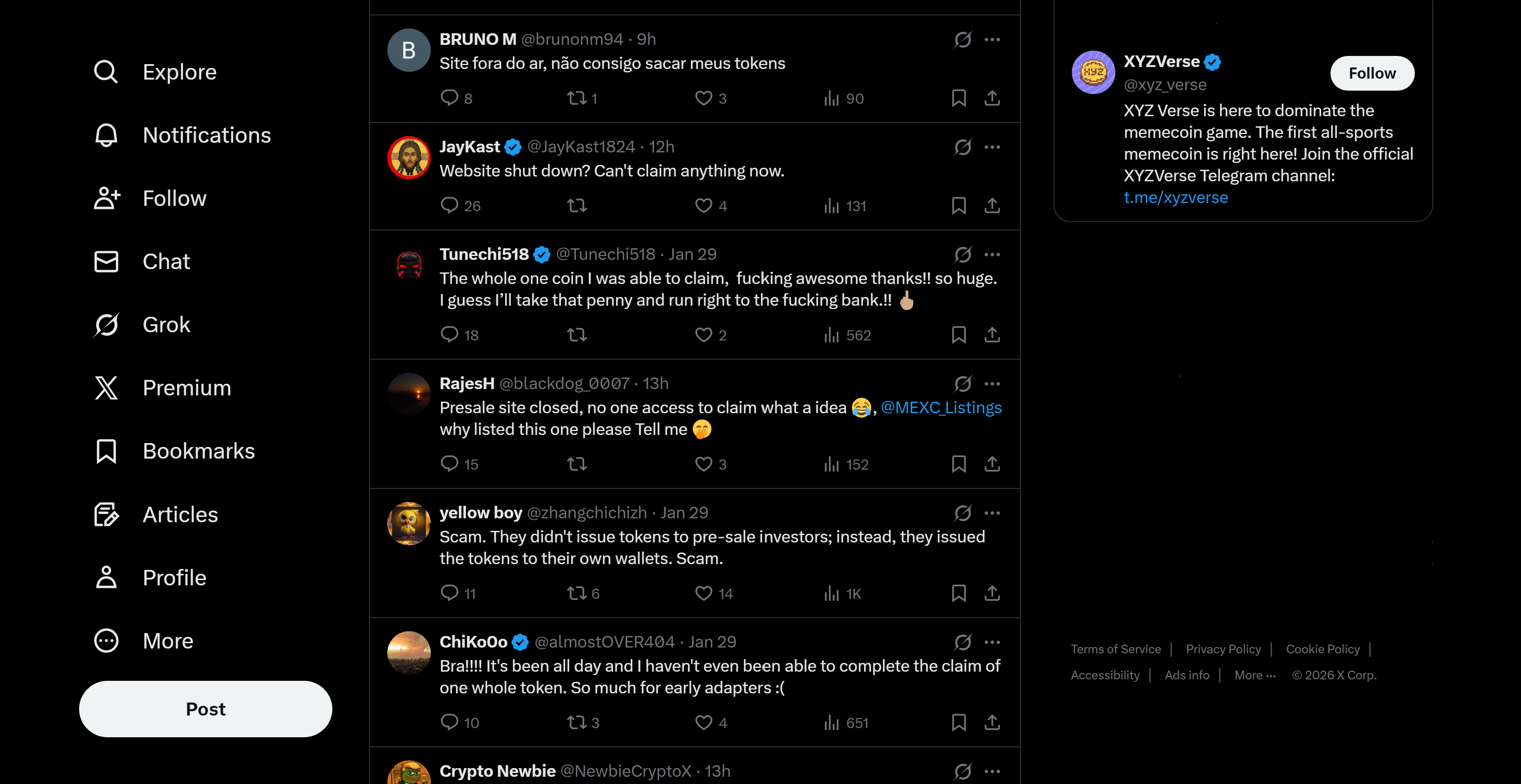 Screenshot of X (Twitter) in dark mode showing multiple posts from users complaining that a XYZVerse website is shut down and they cannot claim their tokens. Several tweets mention failed claims, accusations of scam behavior, and frustration from presale investors. On the right side, a promoted post from the verified account “XYZVerse” advertises its memecoin and links to a Telegram channel.