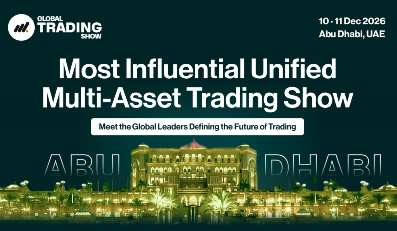 Promotional graphic for the Global Trading Show 2026 by VAP Group, featuring green trading coins, a Global Trading Show ribbon, event details, and attendance statistics for the multi-asset trading event in Abu Dhabi.