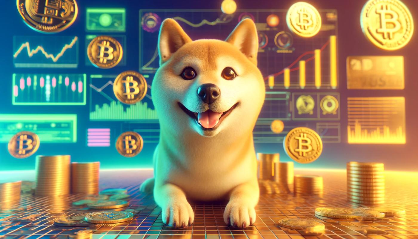 A Shiba Inu dog, looking clean and facing forward, surrounded by coins with coin graphs in the background
