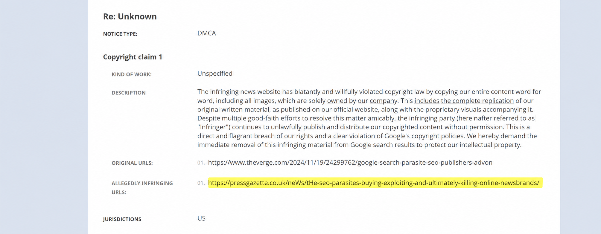 Screenshot of a DMCA complaint listing a mixed-case URL for Press Gazette’s investigation into Clickout Media replacing journalists with AI content and promoting gambling.
