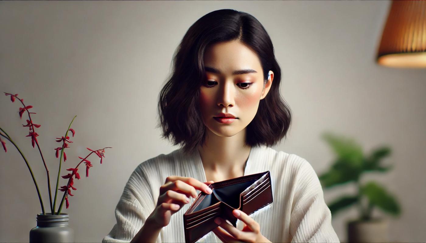 A woman looking at an empty wallet. The woman has an expressive face, capturing a moment of concern or contemplation. The background is simple and clean, focusing attention on the woman and the wallet.