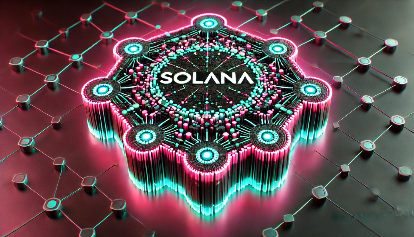 Image of a starship looking object in pink, black, green, and blue colors, featuring the text 'SOLANA' centered in bold white letters.