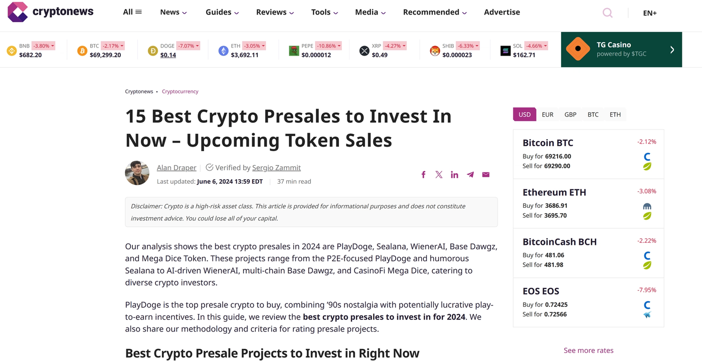 A page displaying a digital article titled '15 Best Crypto Presales to Invest In Now - Upcoming Token Sales'
