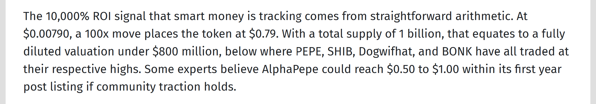 Screenshot of AlphaPepe press release text showing a 10,000% ROI claim, token price projections from $0.00790 to $0.79, and comparisons to PEPE, SHIB, Dogwifhat, and BONK market highs