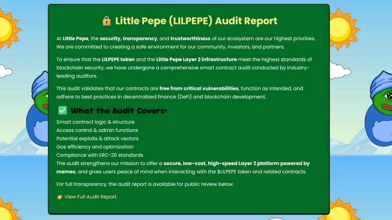 Screenshot showing Little Pepe claiming the LILPEPE token and Layer-2 infrastructure have undergone a comprehensive smart contract audit covering security, functionality, and DeFi best practices