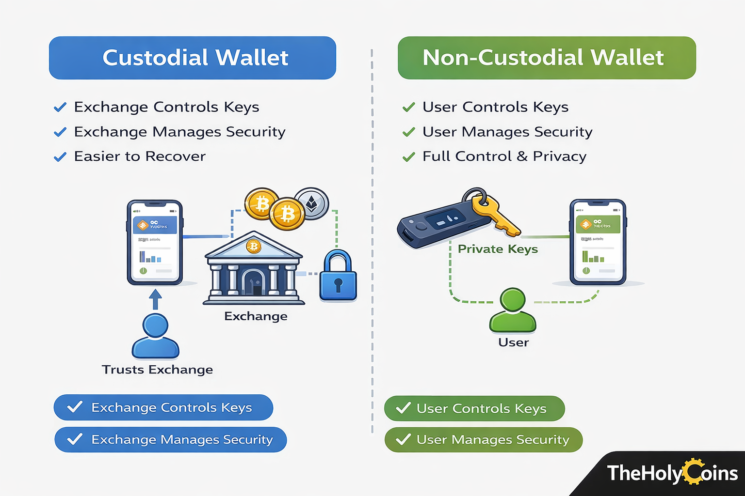 Diagram comparing custodial vs non-custodial cryptocurrency wallets. The custodial side shows an exchange controlling private keys and managing security, while the non-custodial side shows a user controlling private keys and managing their own crypto wallet security.