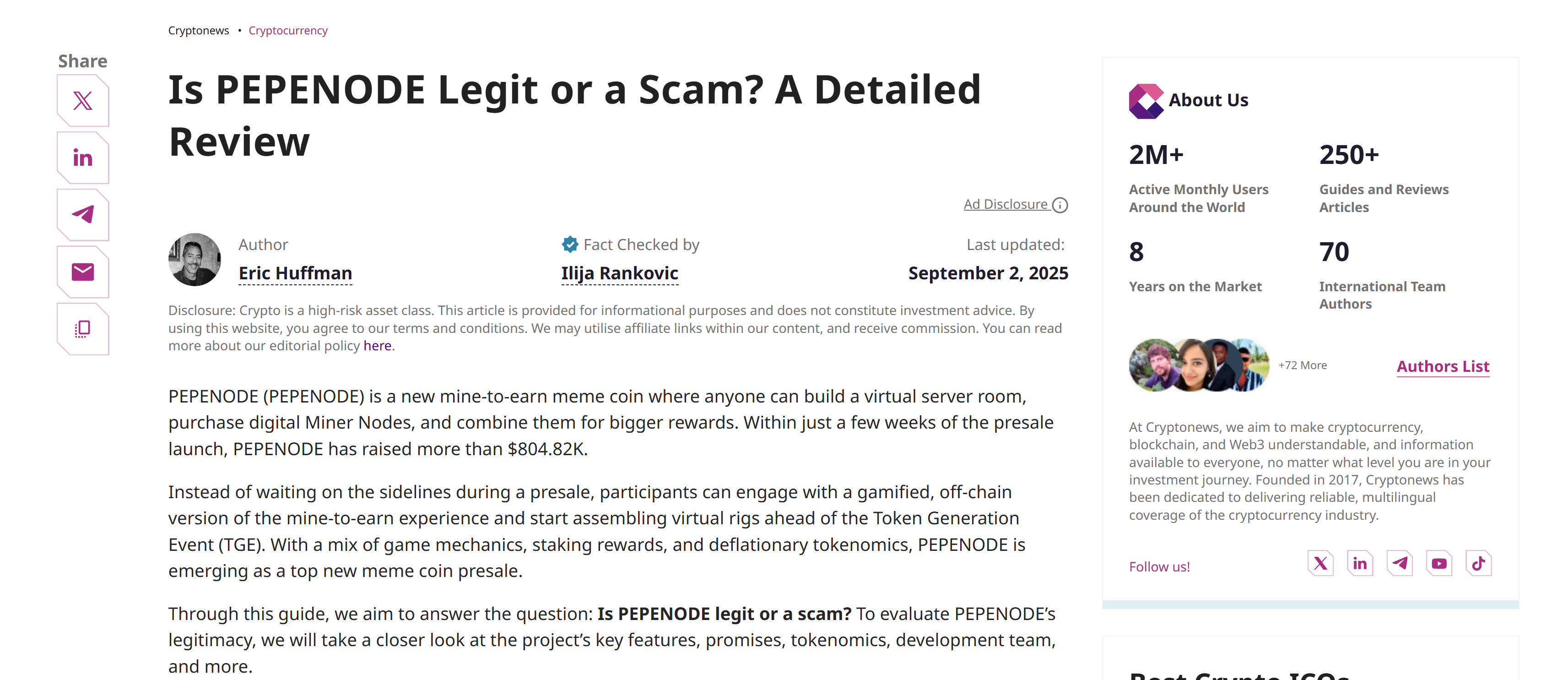 Screenshot of the article titled “Is PEPENODE Legit or a Scam? A Detailed Review,” written by Eric Huffman, as it appears on a Clickout Media–owned website.