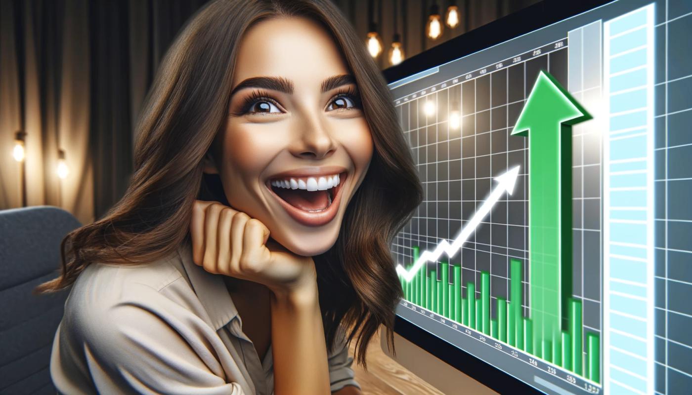 A close-up image of a woman sitting on a chair facing the viewer, looking up with a smile that shows her white teeth. She has long brown hair and rests her chin on her right hand. To her left, very close on a desk, is a computer screen displaying a green coin graph trending upward