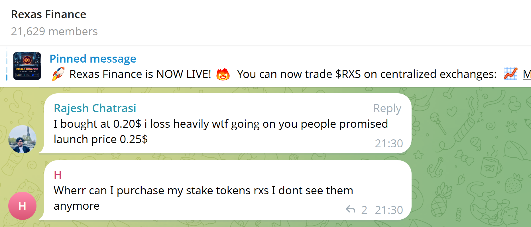 Telegram message from user Rajesh Chatrasi stating, "I bought at $0.20, I lost heavily. WTF going on? You people promised launch price $0.25."