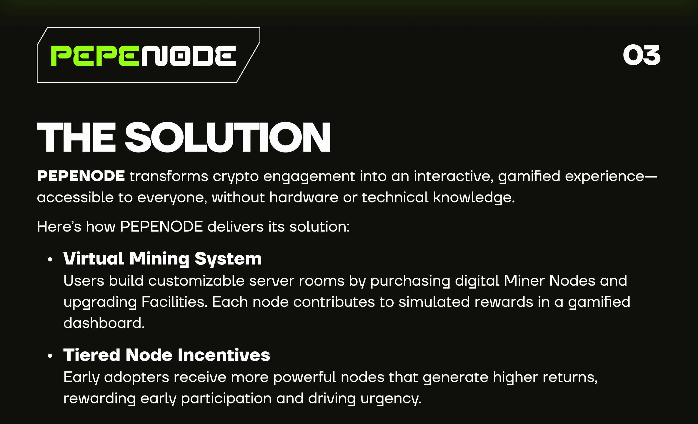 Section of the PEPENODE whitepaper displayed as bullet points, listing the project’s proposed solutions related to token use.