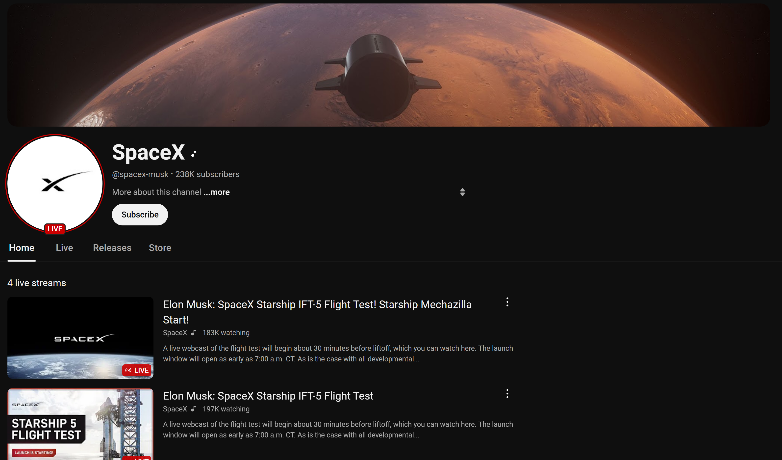 SpaceX fake account from YouTube, with a dark theme