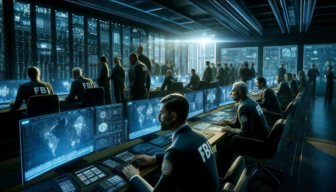 A dark room with people sitting in two long lines, working on computers. They are wearing shirts with the text 'FBI' on them