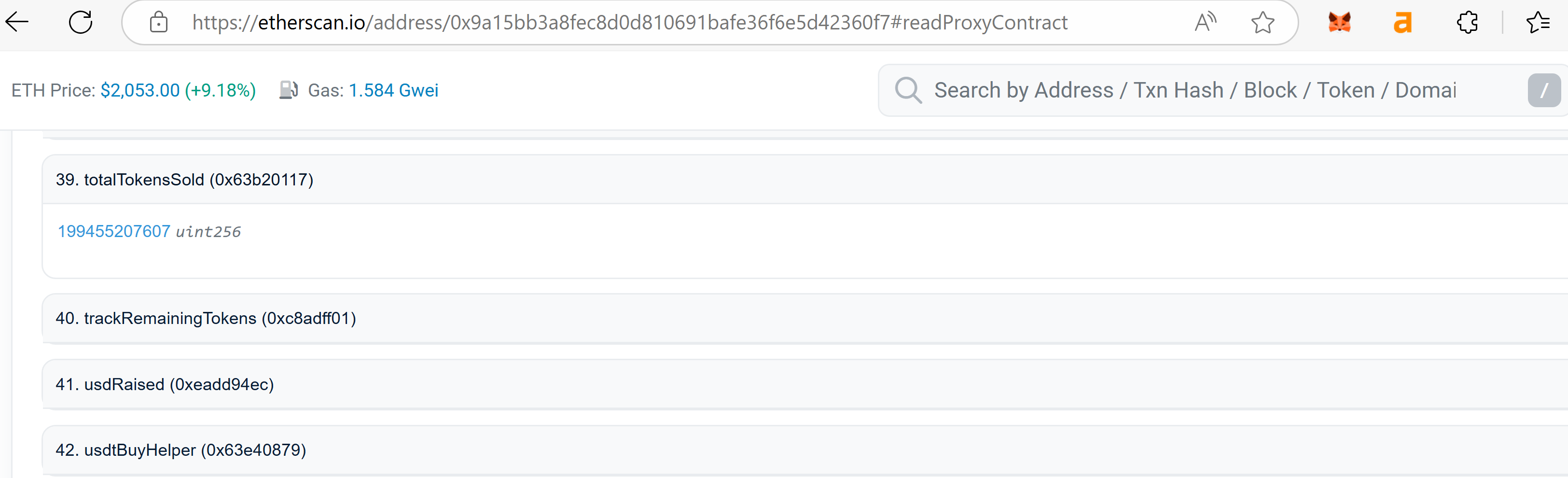Screenshot of the Wall Street Pepe presale smart contract on Etherscan, displaying the totalTokenSold parameter, which reveals the actual number of $WEPE tokens sold