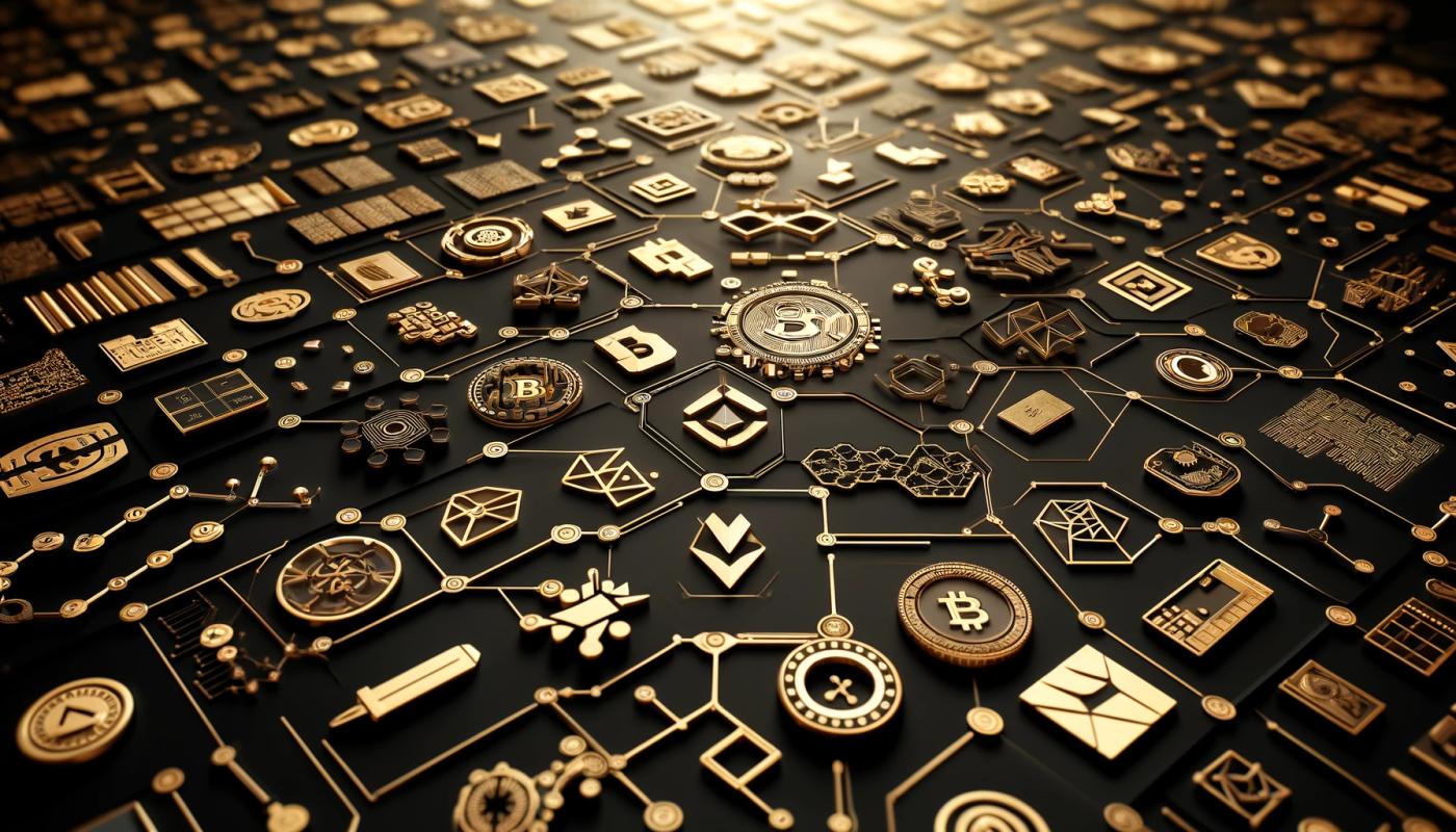 A golden-brown dark-themed image featuring many small cryptocurrency symbols in gold color, with a brown bottom connected by golden lines