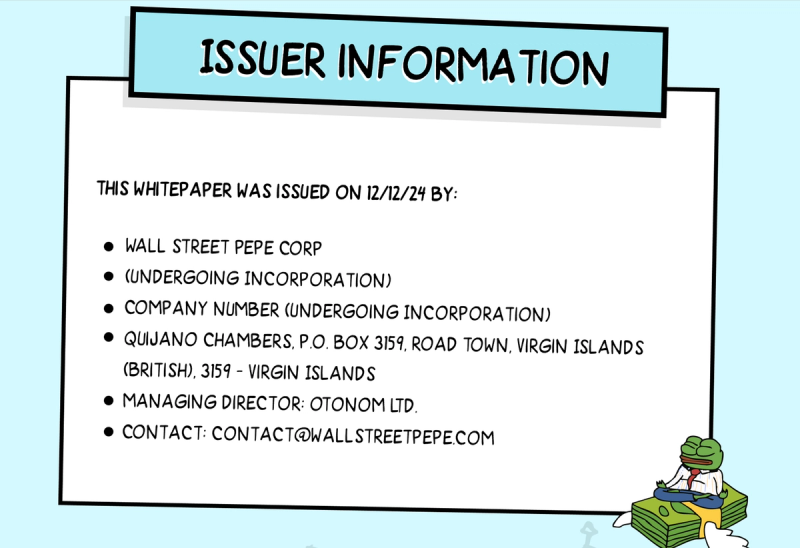 Screenshot of the Wall Street Pepe whitepaper showing company details, including a shell company reference, presented in a bullet-point format