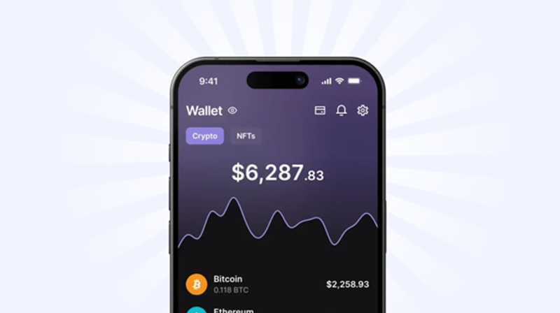 A mobile phone centered on a white background with a wallet app of Ledger Nano + Ledger Card (Launching 2026) displayed on the screen.