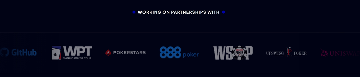 On a black background, the text 'WORKING ON PARTNERSHIPS WITH' appears above the logos of 888, PokerStars, WPT, GitHub, and WSOP