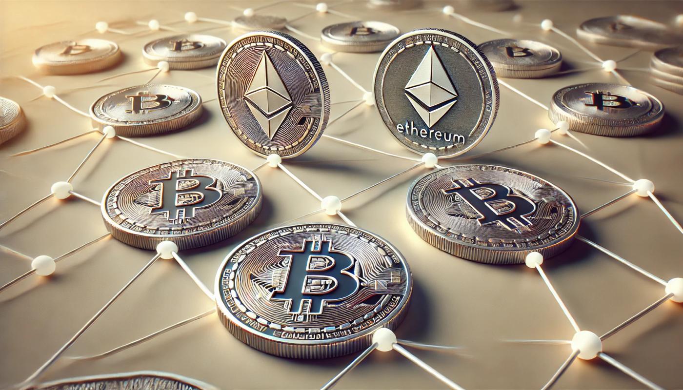 Several Ethereum and Bitcoin coins connected with white lines. The coins are displayed in close-up detail, with shiny surfaces and intricate designs. The white lines form a network connecting all the coins, symbolizing blockchain connectivity and digital transactions.