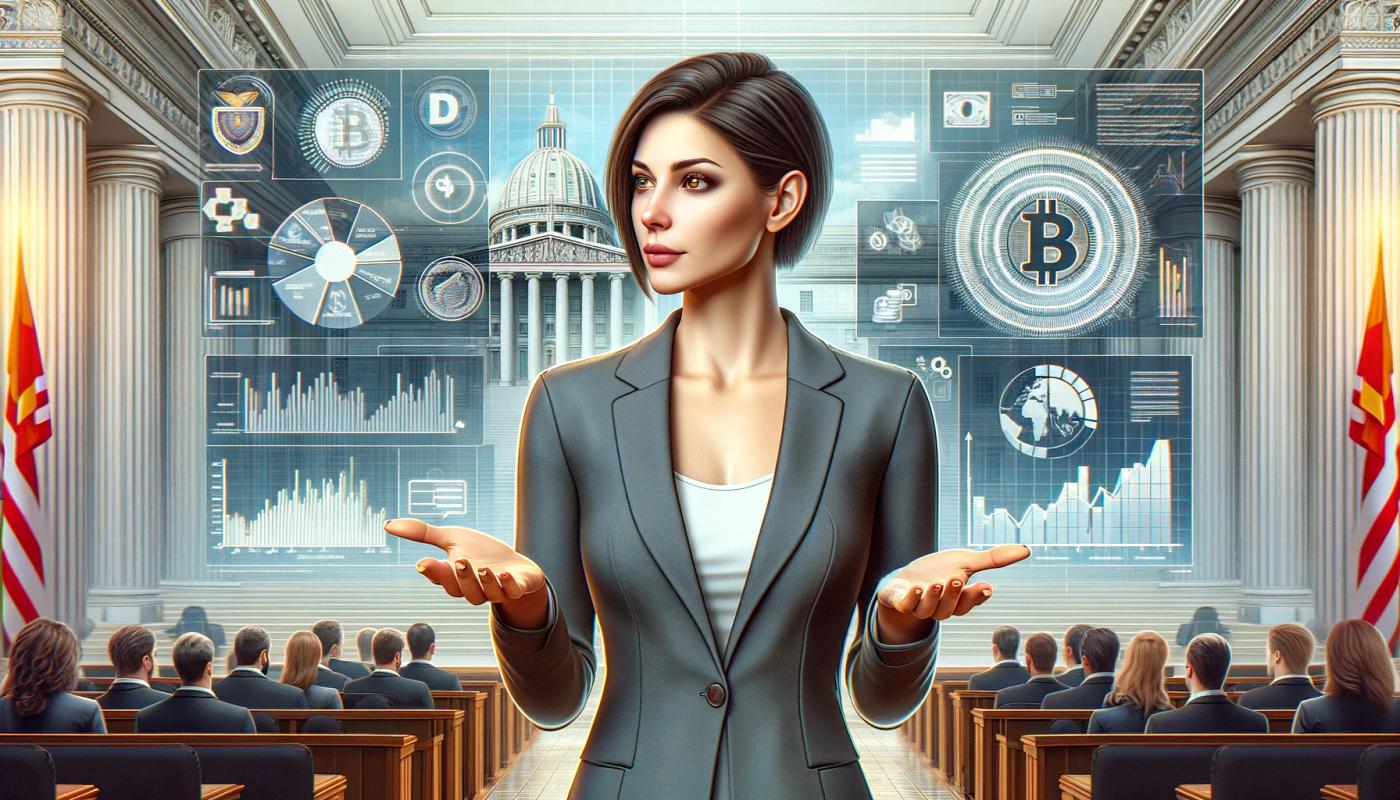 A woman with a business suit and dark carré hairstyle stands at the front of the image with her hands open. In the background, people are sitting on benches on the right and left sides, facing away from her and looking at large screens displaying crypto symbols.