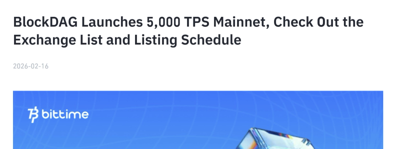 Screenshot of a February 2026 BlockDAG press release titled “BlockDAG Launches 5,000 TPS Mainnet, Check Out the Exchange List and Listing Schedule,” displayed above a promotional image.