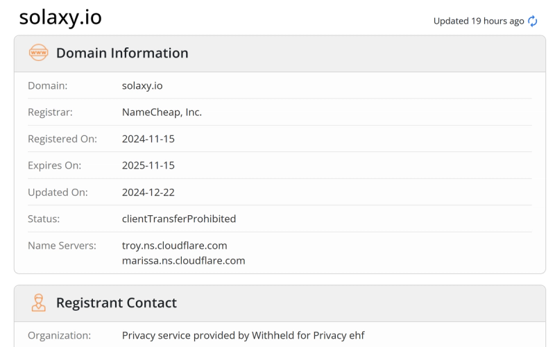 Domain lookup screenshot showing Solaxy.io registered with Namecheap