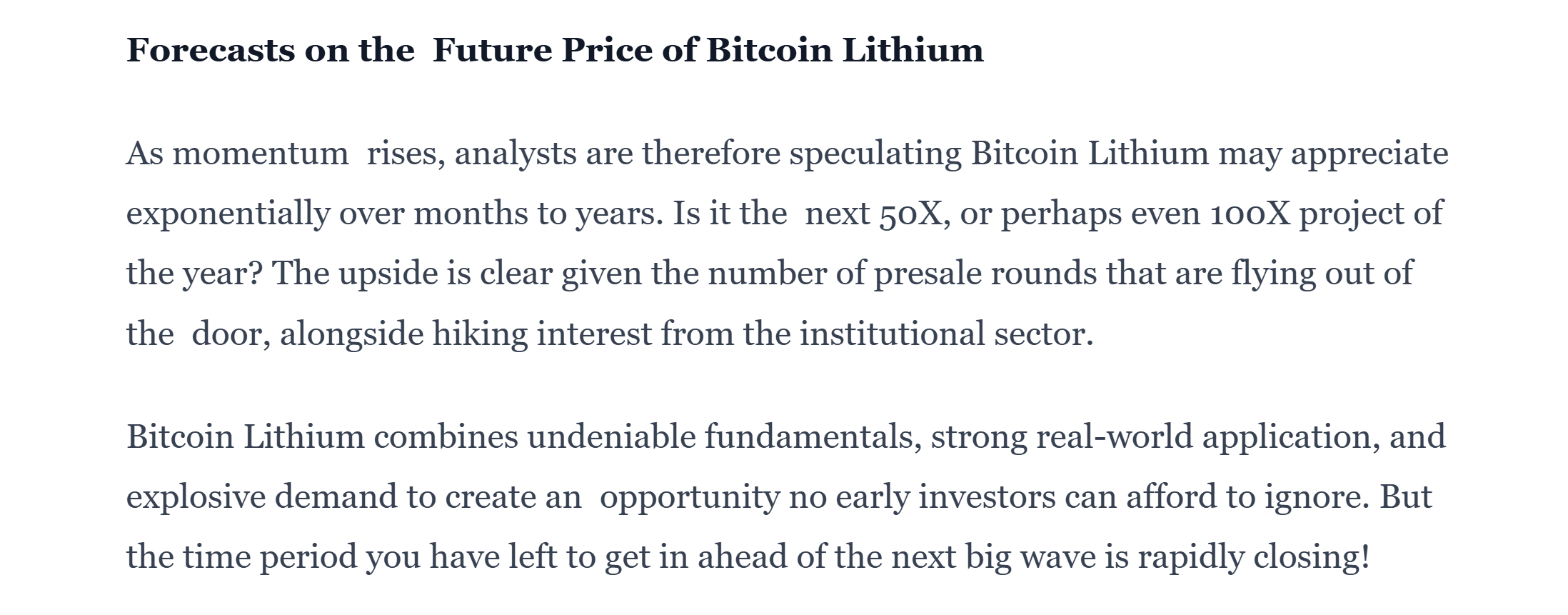 A screenshot of a sponsored article discussing Bitcoin Lithium ($BTCL), suggesting it could be the next 50X or 100X crypto project due to increasing presale demand and institutional interest.