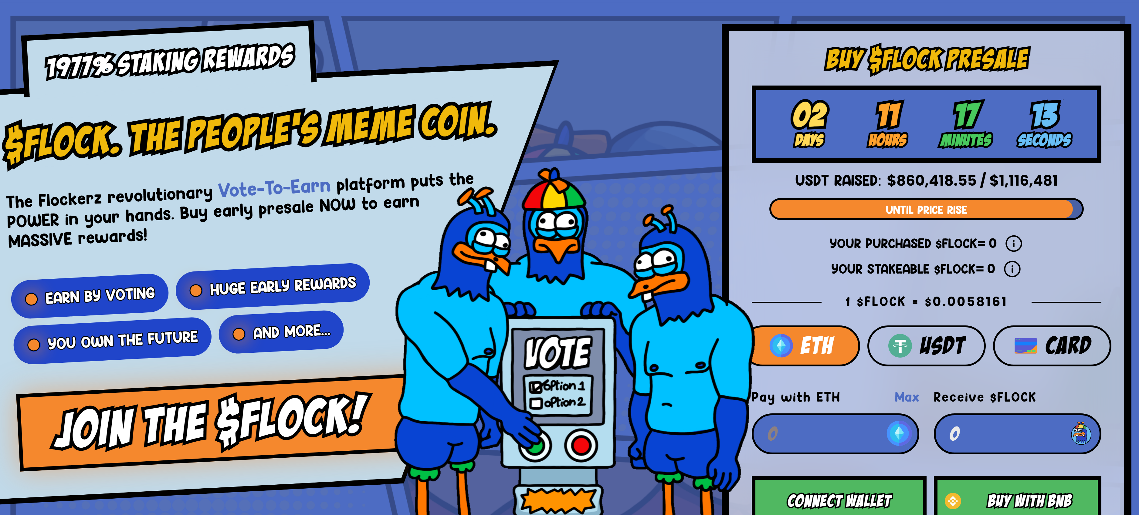 Launchpad of the Flockerz project with 3 blue bird in the center, and option to participate in the presale