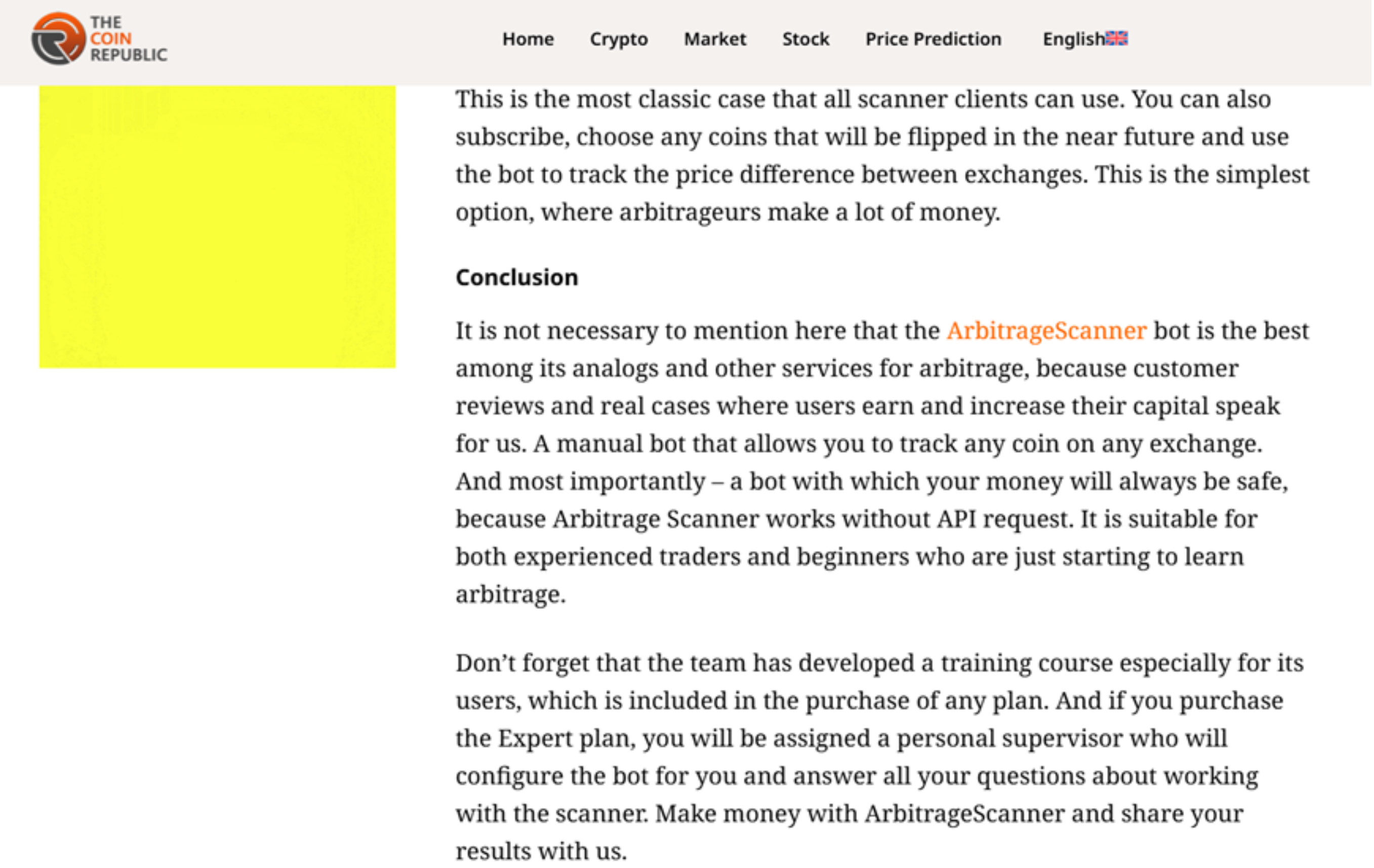 Screenshot of an article recommending ArbitrageScanner