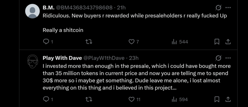 Screenshot of two X replies criticizing Solaxy's anniversary giveaway, with users saying presale investors suffered heavy losses while new buyers receive rewards.
