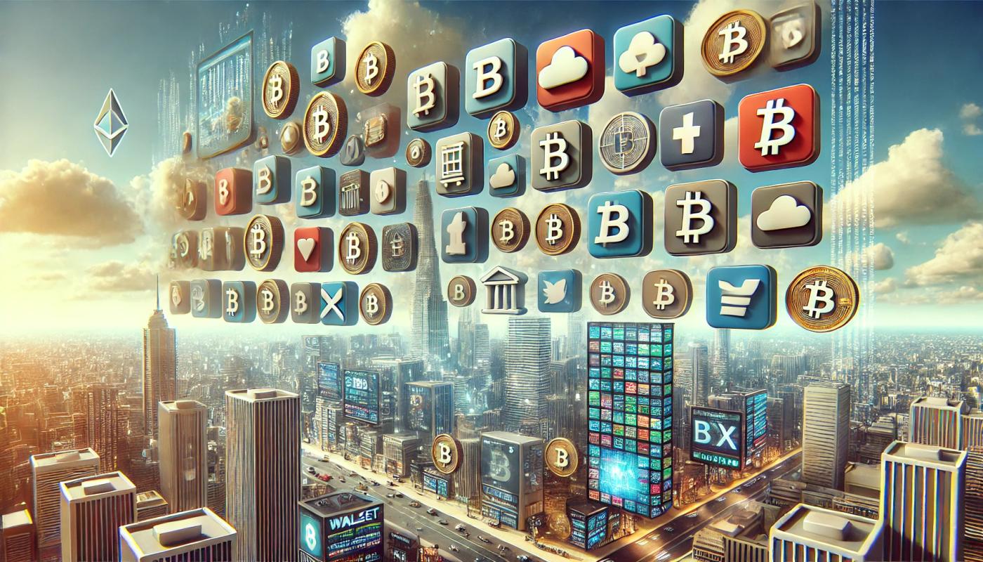 Many cryptocurrency application icons floating in the air. The scene features a variety of colorful and three-dimensional app icons related to cryptocurrencies, such as wallets, exchanges, trading platforms, and financial tools. These icons appear to float above a modern cityscape with skyscrapers and digital billboards.