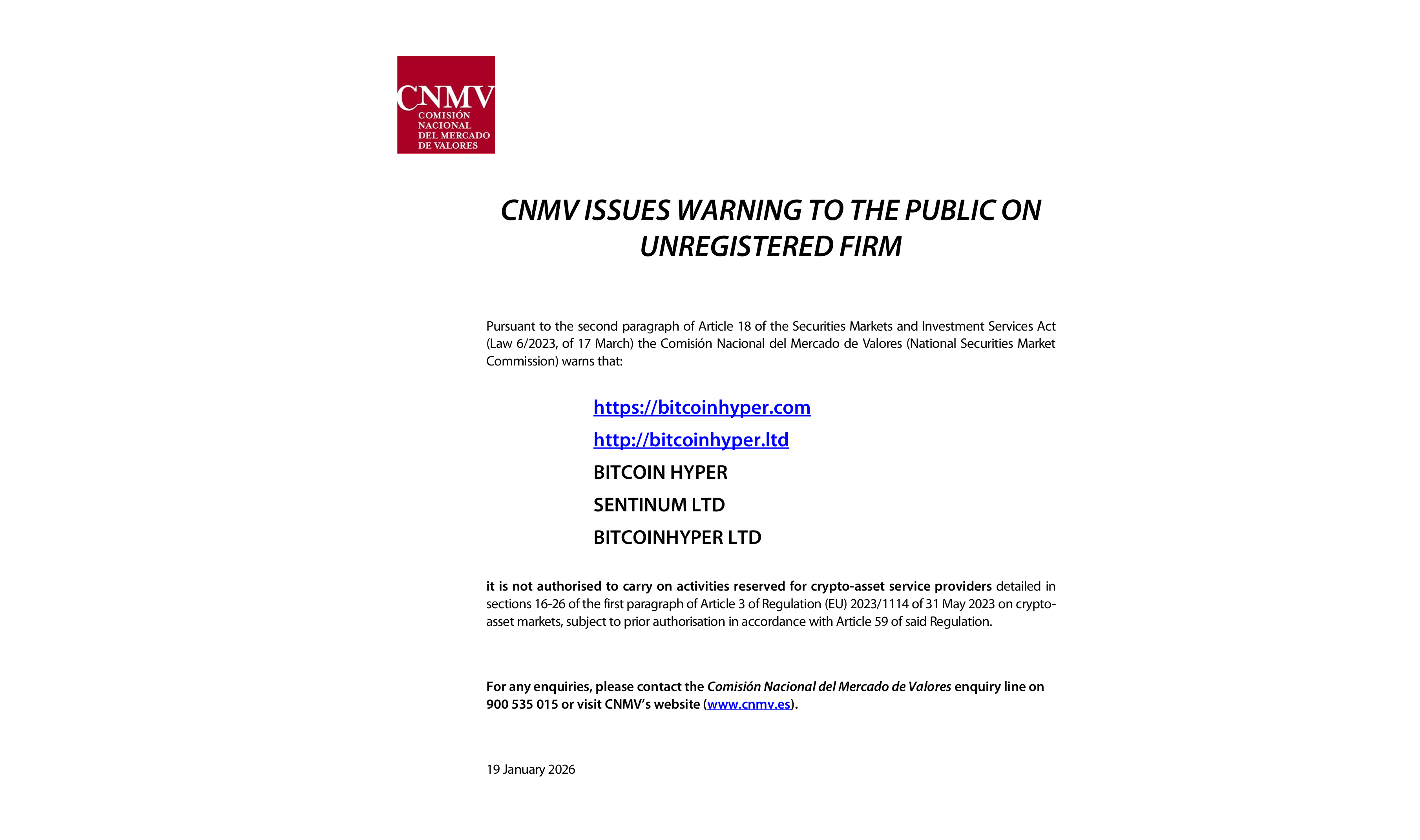 CNMV official notice titled “CNMV Issues Warning to the Public on Unregistered Firm” naming Bitcoin Hyper, Sentinum LTD, and related websites, dated 19 January 2026.