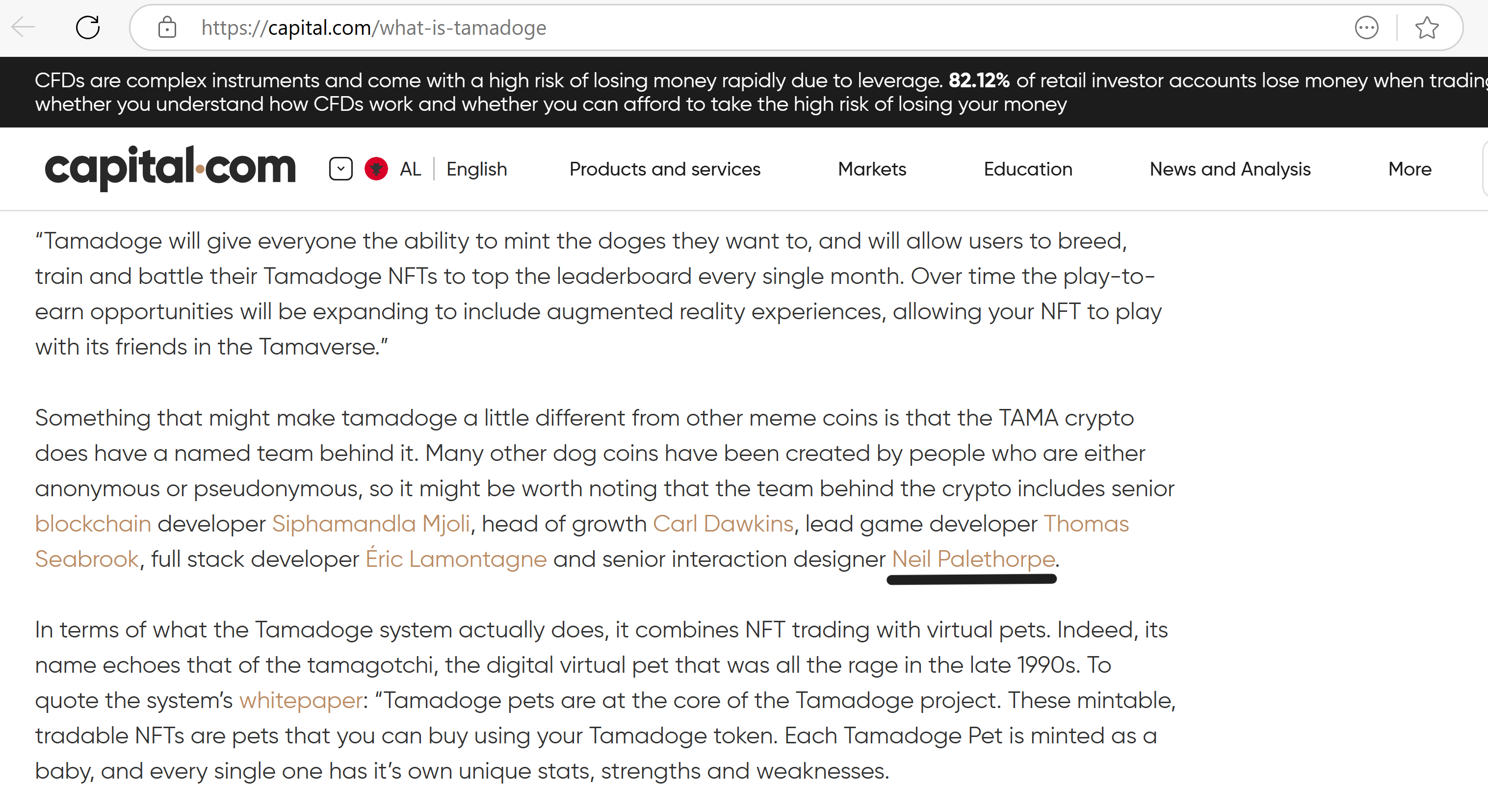 A screenshot from an article discussing Tamadoge’s features, development, and team details, with text and images visible