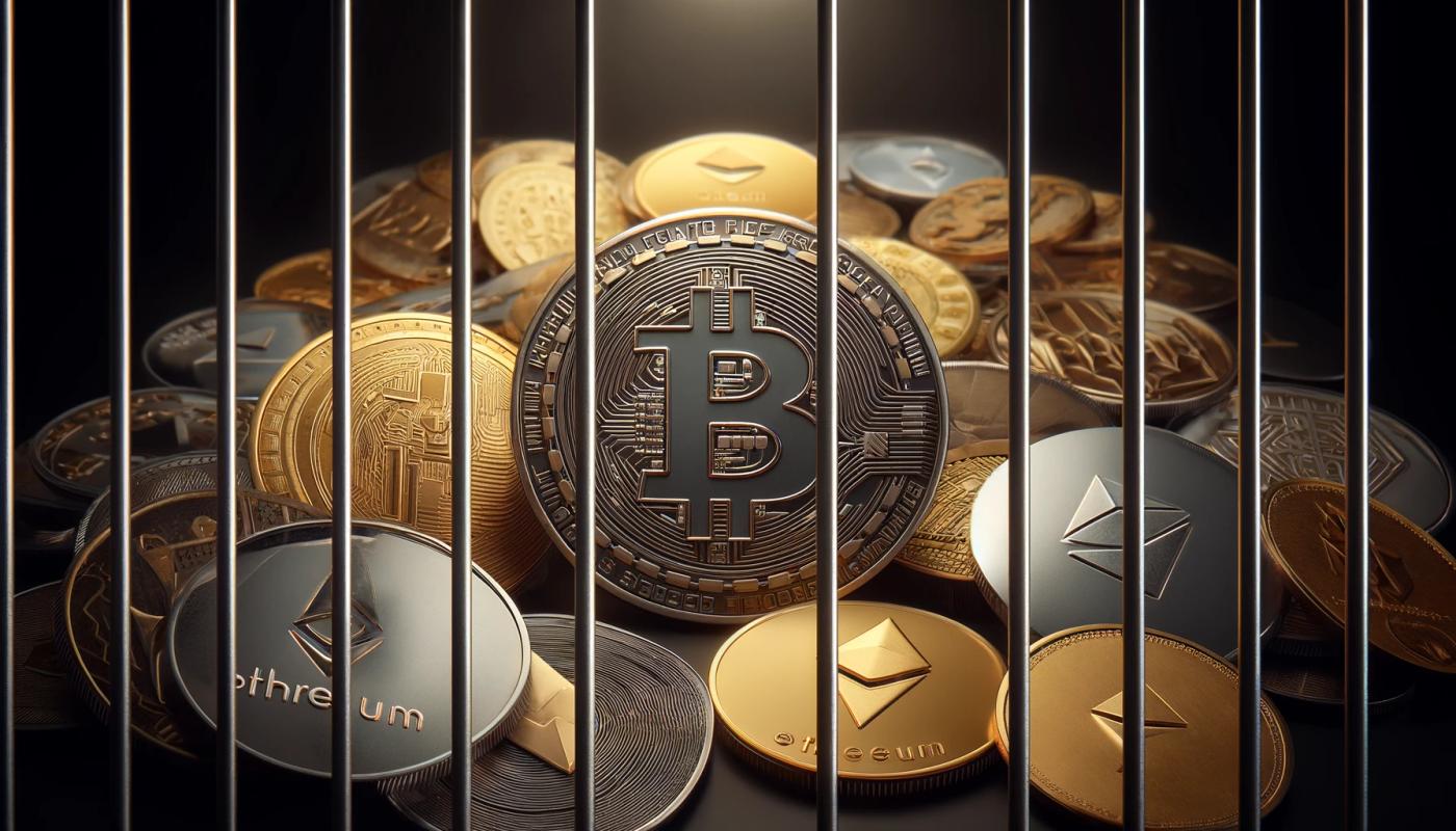 Golden and silver coins with Bitcoin logos behind bars