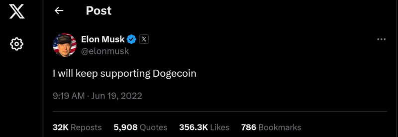 A print screen from twitter's Elon musk account of his tweet "I will keep supporting Dogecoin"